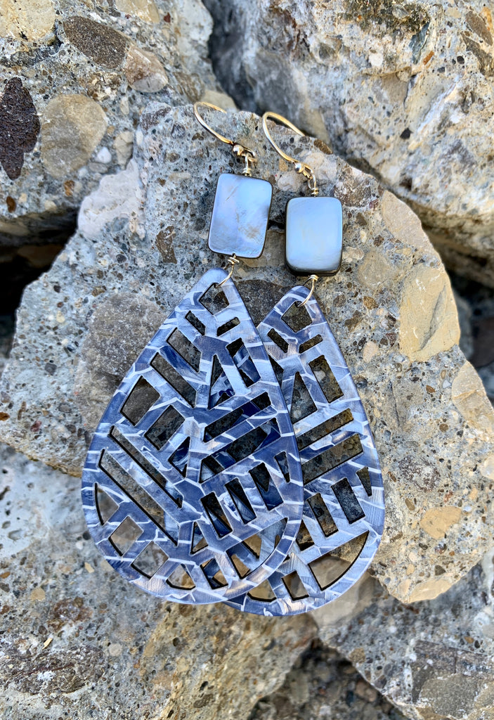 Barse Sterling Silver Laser-Cut Resin with Black Mother-of-Pearl Teardrop Earrings