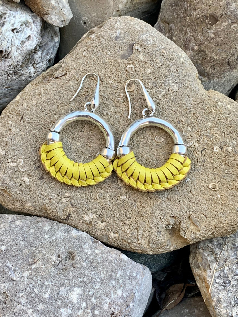 Yellow Wrapped Leather Drop Earrings
