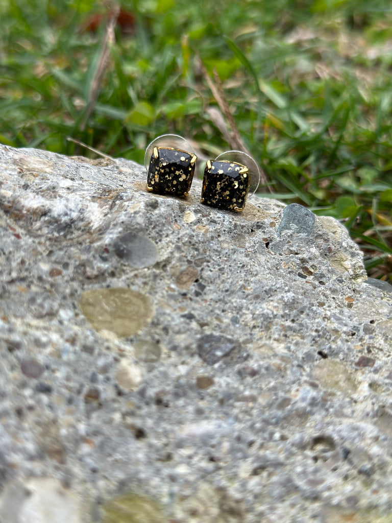 Mini Square Black & Gold Glitter Stud Earrings