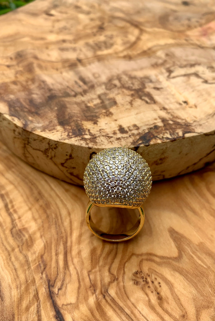 CZ Pave Crystal Brass Ball Ring Size 6
