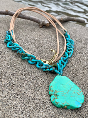 Double Leather Strand Turquoise Resin Link Magnesite Pendant Necklace