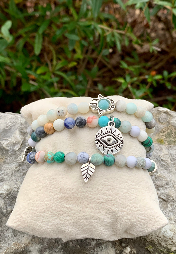 Evil Eye Agate 3-Strand Multi-Color Gemstone Bracelets