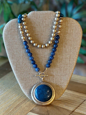 Brushed Gold Mixed Media Semi-Precious Pendant Necklace