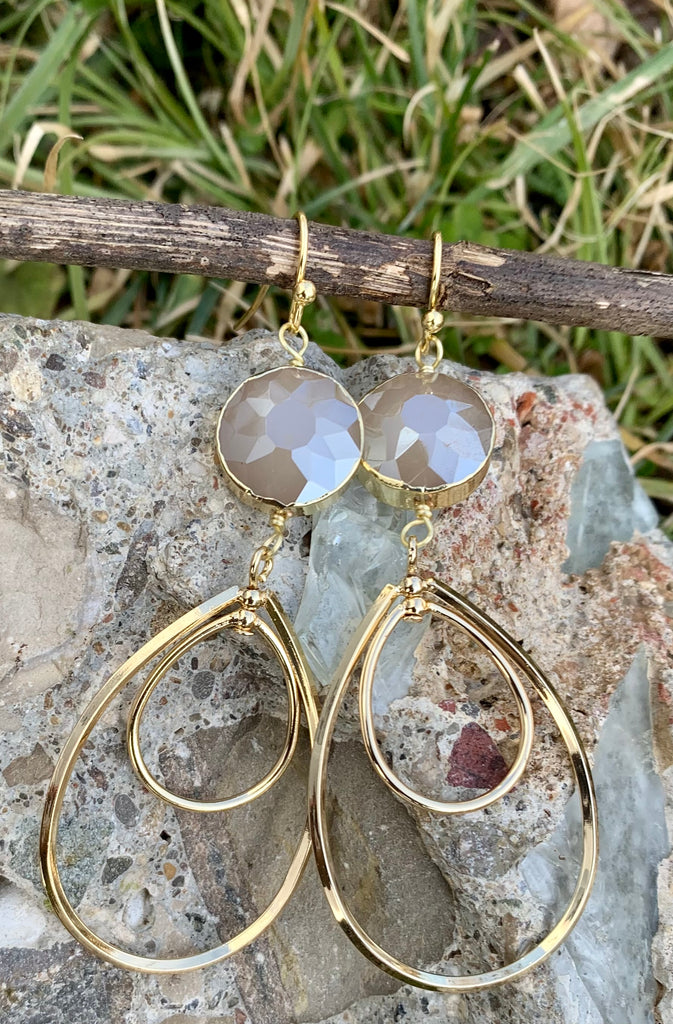 Moonstone Grey Crystal Double Hoop Drop Earrings