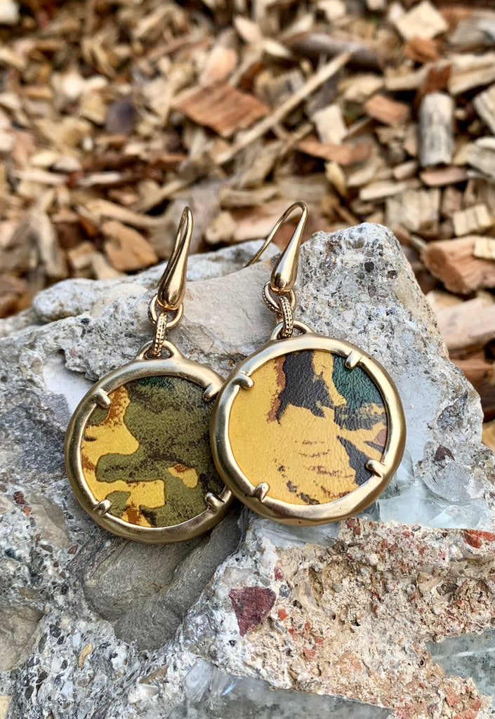 Patricia Nash Golden Fatigue Leather Inset Drop Earrings