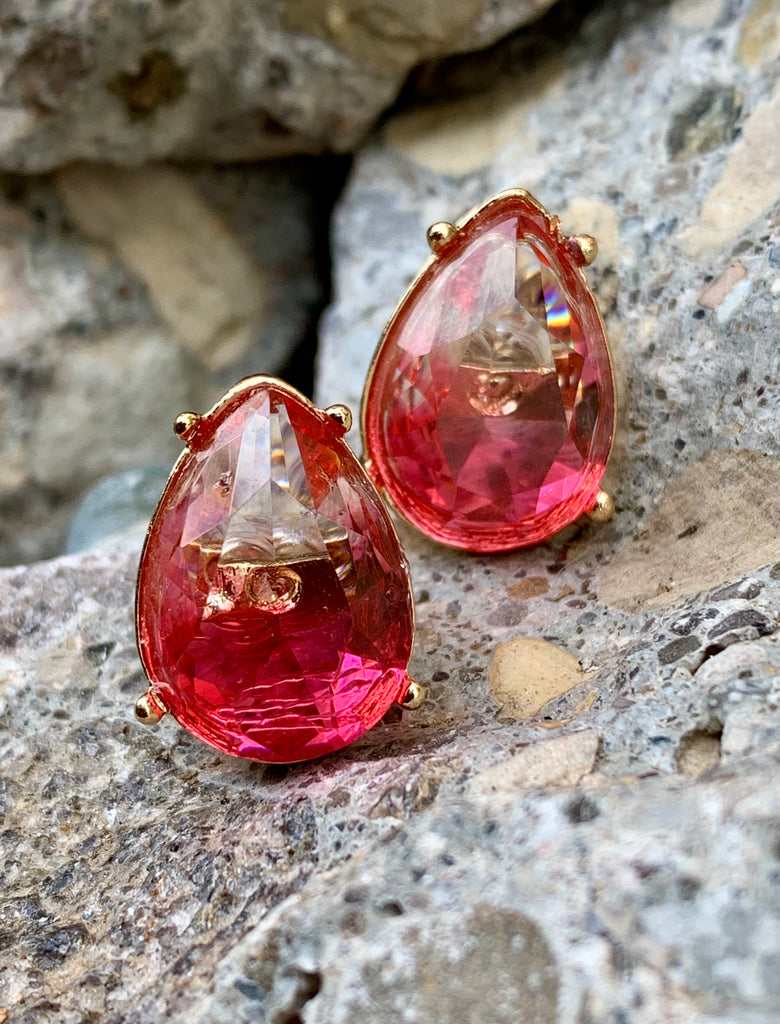 Teardrop Translucent Pink & Crystal Stud Earrings