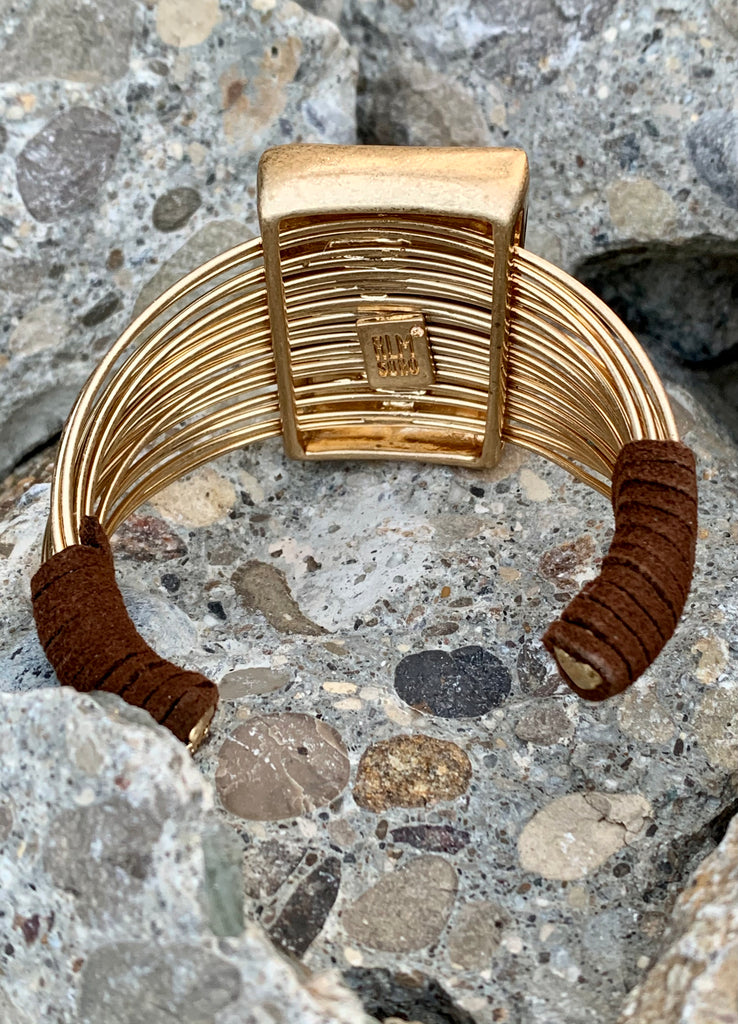 Mother of Pearl Brushed Gold Cuff Geometric Multi-Row Bracelet