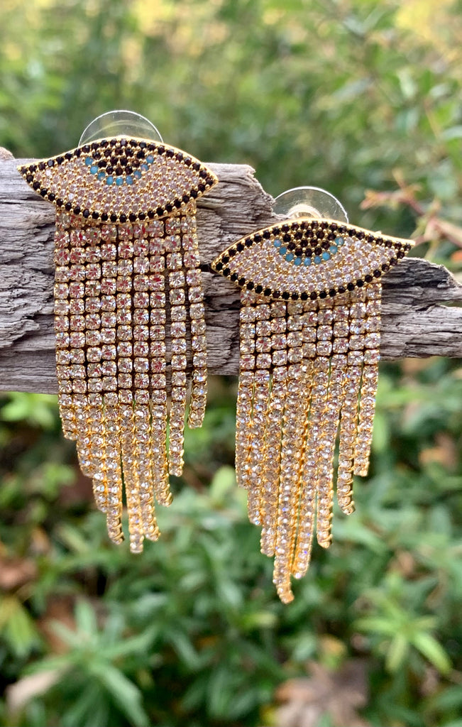 Luxe Goldtone Evil Eye Gold CZ Chandelier Earrings
