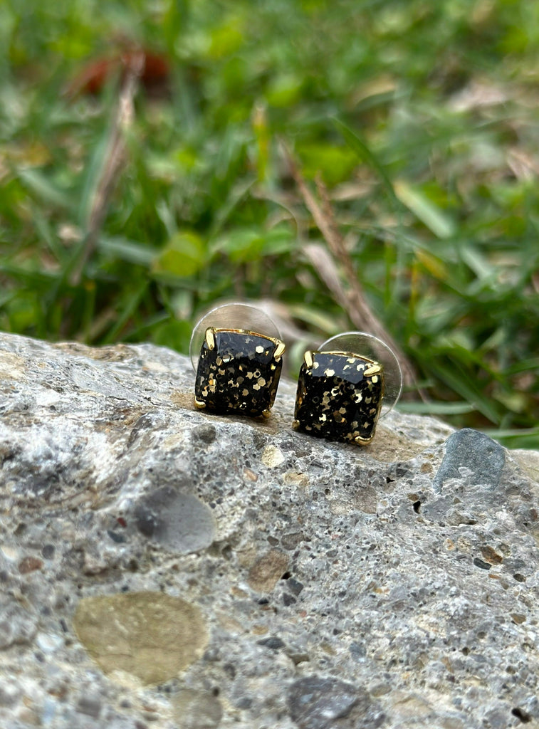 Mini Square Black & Gold Glitter Stud Earrings