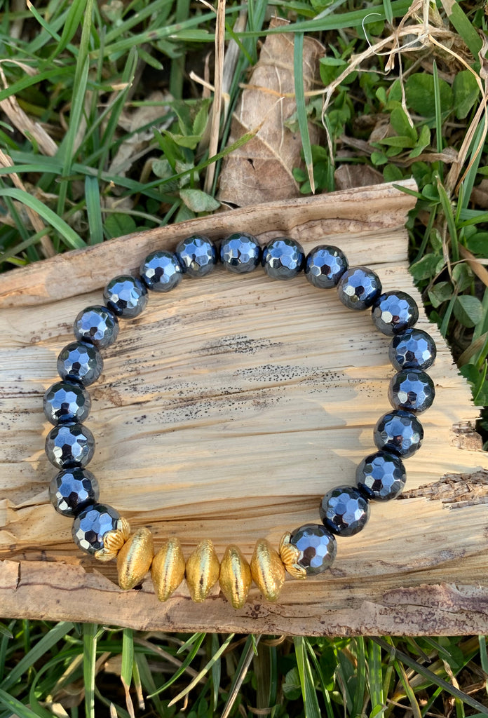Blue Agate & Bronze Beaded Bracelet