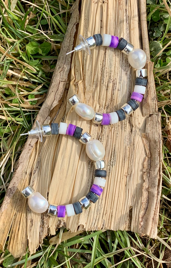 Rachel Bright Silver Hoop Earrings in Purple Mix