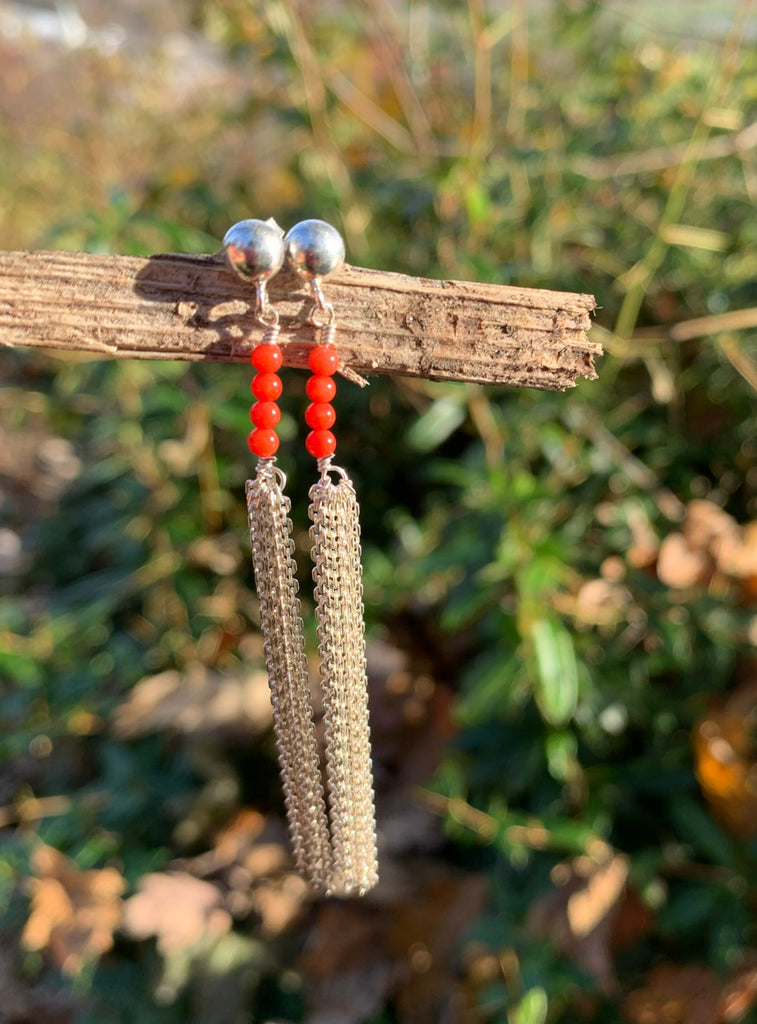 Silver Fringe and Red Sea Bamboo Coral Drop Earrings