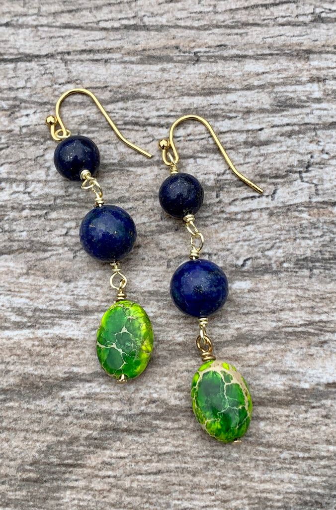 Lapis & Jasper Drop Bronze Beaded Earrings