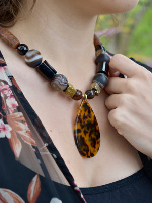 Barse Onyx, Agate & Hematite Tortoise Drop Pendant Necklace