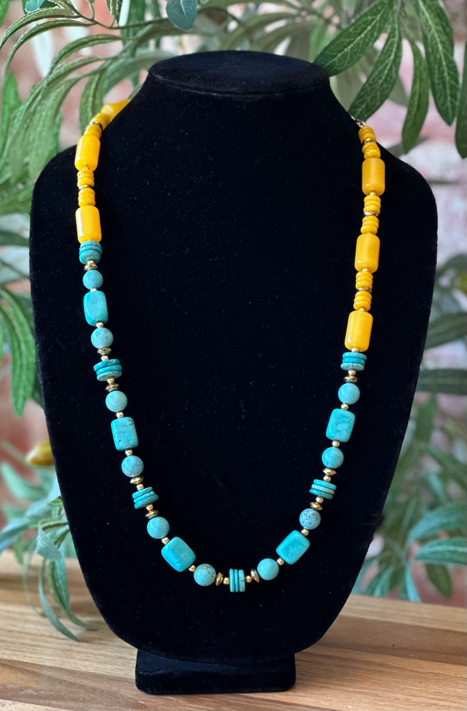 Turquoise and Yellow Jade Long Necklace
