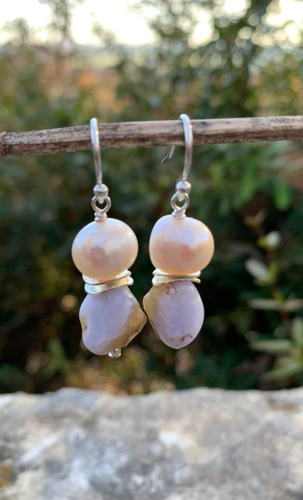 A Drop of Pearl & Light Blue Lace Agate Earrings