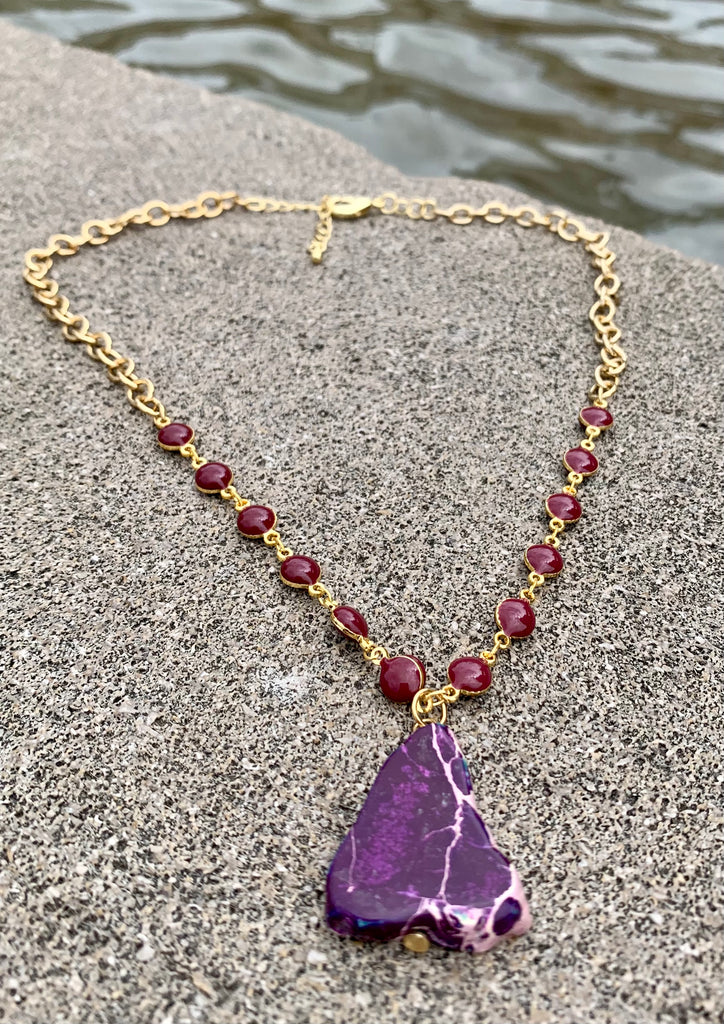 Purple Jasper and Enamel Rosary Bronze Chain Necklace