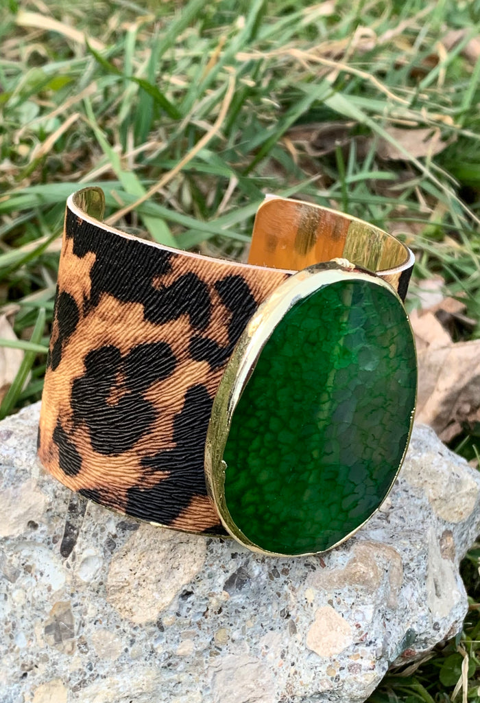 Gone Wild Leopard Print Green Agate Cuff Bracelet
