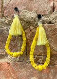 Barse Yellow Magnesite Beaded Teardrop Earrings with Fringe Tassels