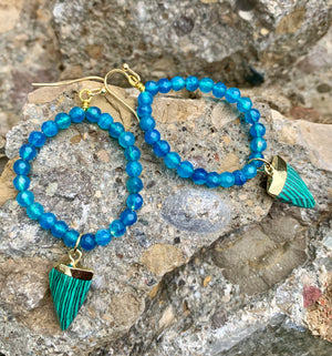 Barse Malachite Agate, Bronze & Teal Beaded Forward Facing Hoop Earrings