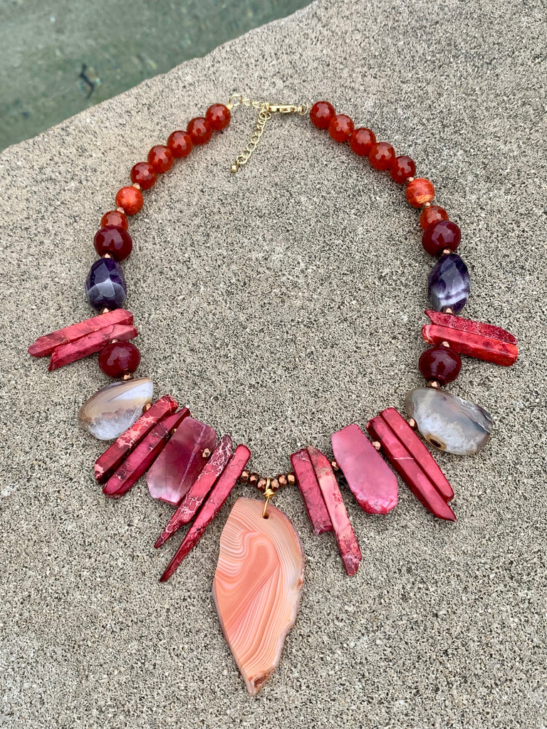 Scarlet Quartz, Carnelian, Amethyst, Hematite, Fuchsia Jasper & Agate Pendant Necklace