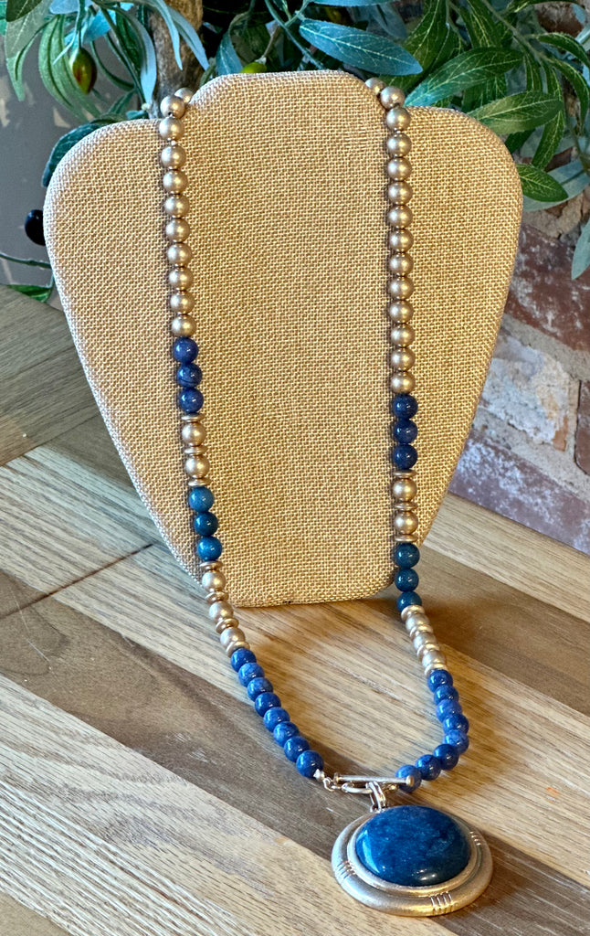 Brushed Gold Mixed Media Semi-Precious Pendant Necklace
