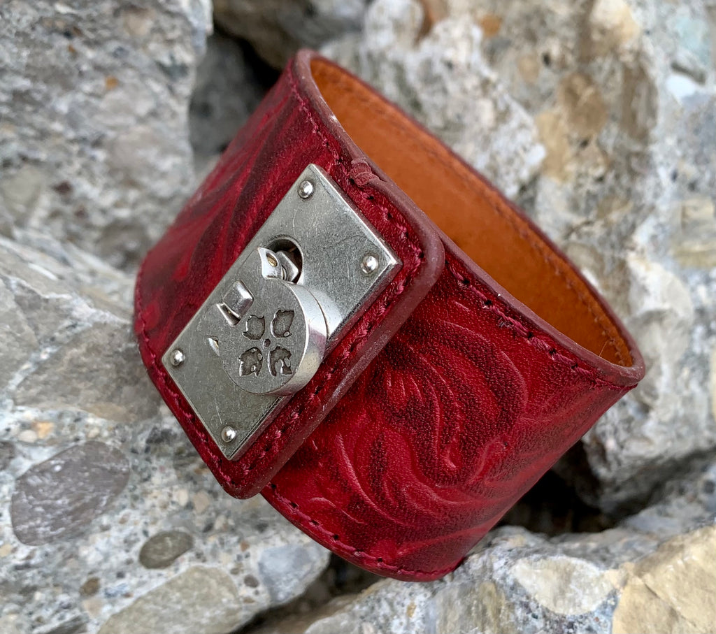 Patricia Nash Burgundy Red Floral Leather Irena Cuff/Bangle Bracelet
