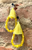 Barse Yellow Magnesite Beaded Teardrop Earrings with Fringe Tassels