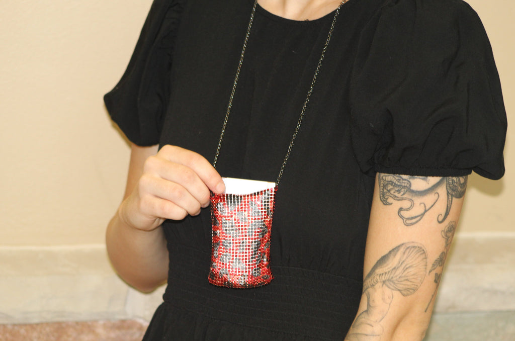"Hold Your Cards" Red & Black Checkered Purse Necklace