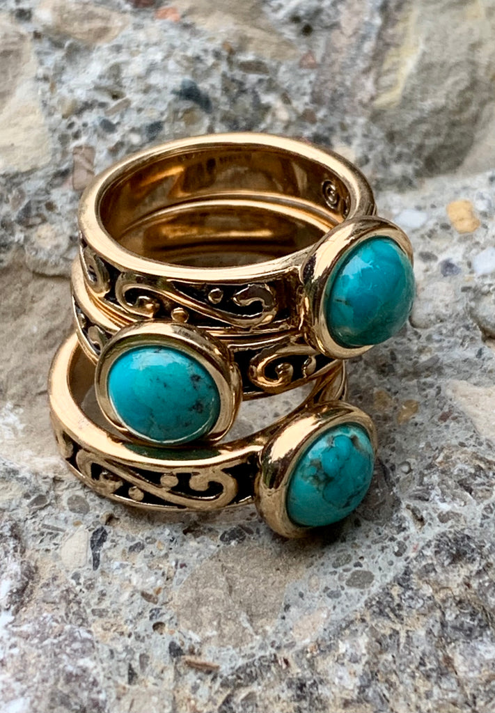 Round Turquoise & Bronze Triple Stack Rings