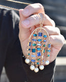 Metallic Multi-Layered Blue Jeweled Chandelier Necklace