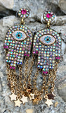 Betsey Johnson Evil Eye Multi-Color Stone Hamsa Hand Earrings