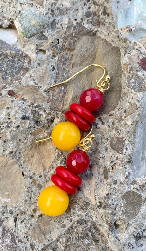 Yellow Jade & Red Quartz Bead Drop Earrings