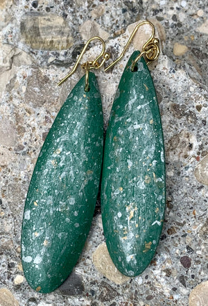 Green Wood with Gold Flecks Tear Drop Statement Earrings