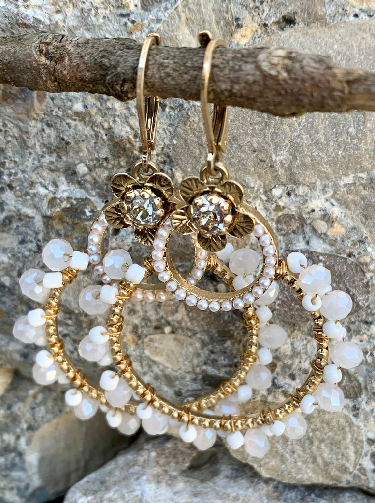 Gold-Tone Pavé Pearl Flower & Bead Open Drop Earrings