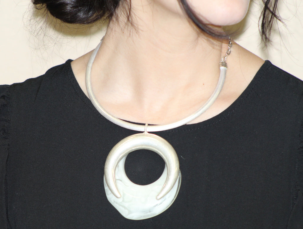 Brushed Silver Horseshoe Resin Pendant Necklace