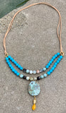 Double Leather Strand Bronze & Amazonite Pendant Necklace