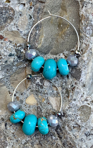Turquoise Magnesite, Agate & Sterling Silver Beaded Hoop Earrings