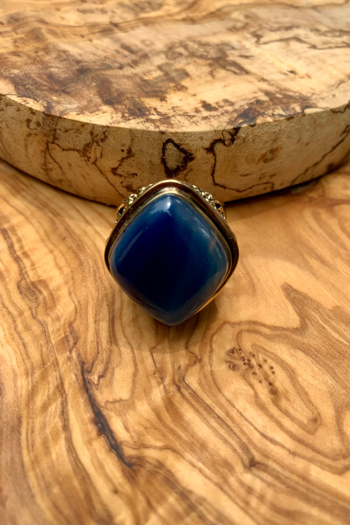 Blue Agate & Bronze Scrolled Ring Size 9