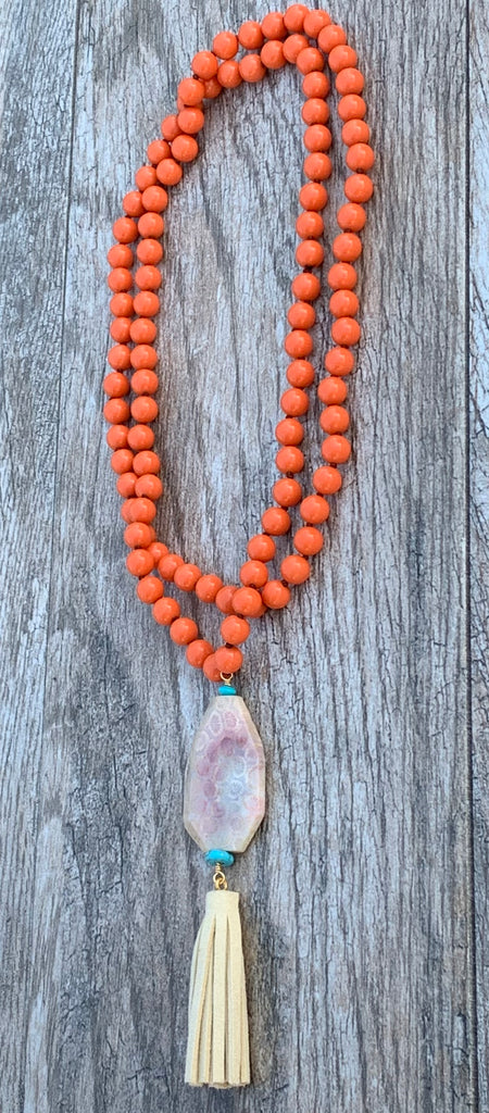 Melon Jade Beaded Leather Tassel Necklace