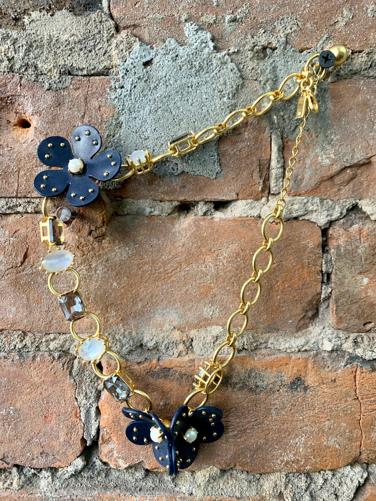 Kate Spade New York "Blooming Bling" Leather Flower Statement Necklace