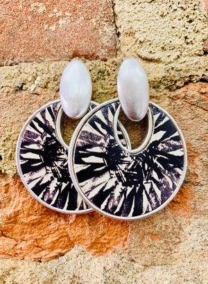 Silver Tone Black & White Leather Inset Doorknocker Earrings
