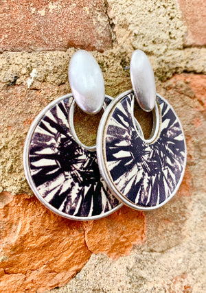 Silver Tone Black & White Leather Inset Doorknocker Earrings