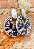 Silver Tone Black & White Leather Inset Doorknocker Earrings