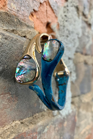 Robert Lee Morris Soho Gold & Patina Abalone Stone Hinged Cuff Bracelet