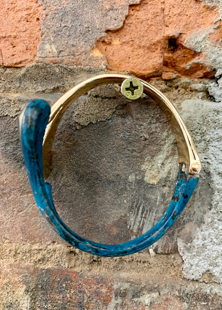Robert Lee Morris Soho Gold & Patina Abalone Stone Hinged Cuff Bracelet