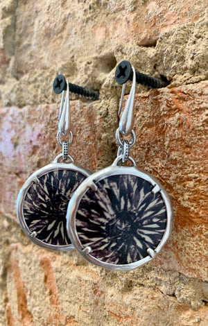 Patricia Nash Metallic Silver Tone Black & White Leather Inset Drop Earrings