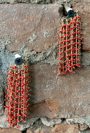 Vintage Vince Red Beaded Waterfall Gold Tone Earrings