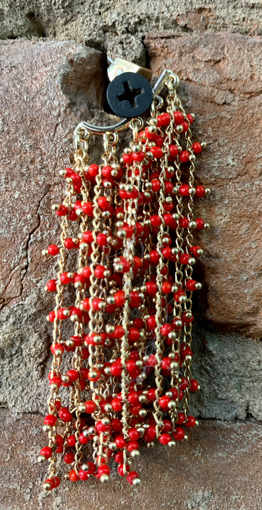 Vintage Vince Red Beaded Waterfall Gold Tone Earrings