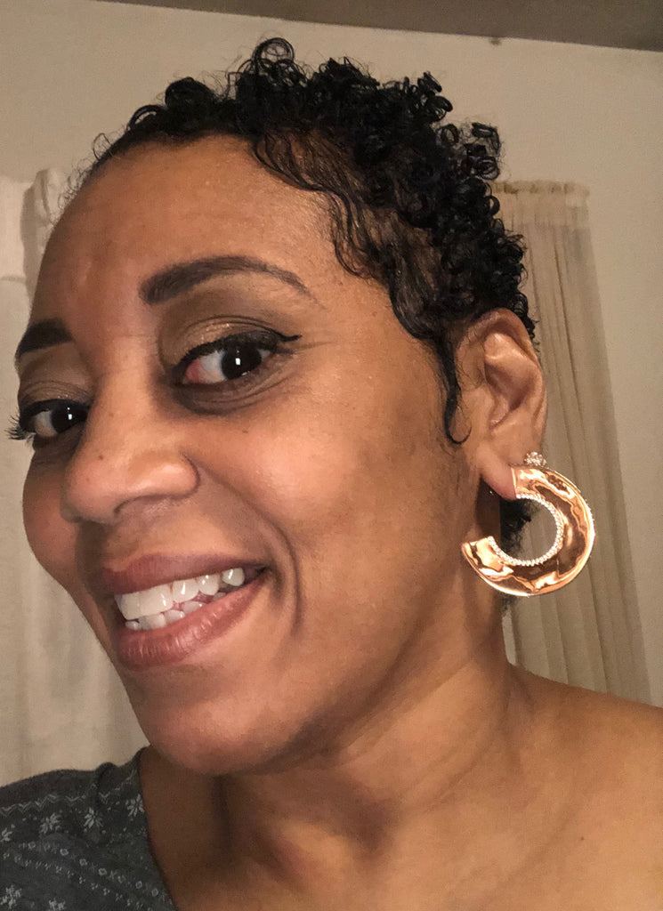 Shanelle Rocking Her Swarovski Rose Gold Earrings From Dawn's Discoveries - Smiling With Confidence in Ohio